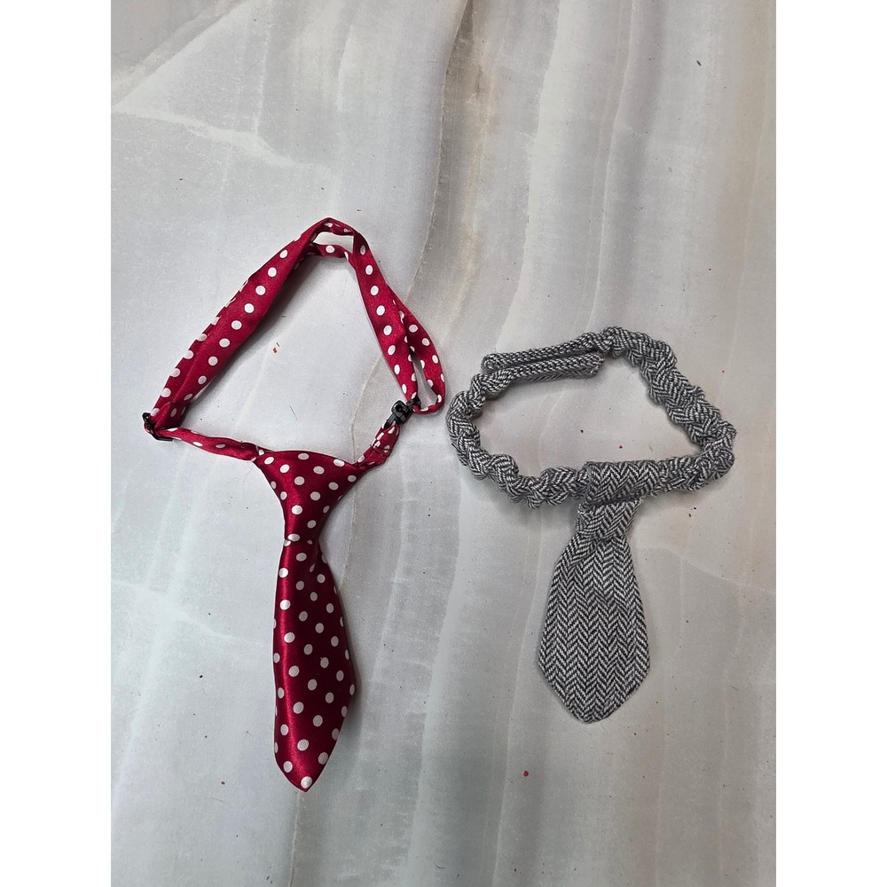 Lot of 2 Pet Neckties Red Polka Dot and Grey Herringbone for Small Dogs Cats A2 - Picture 2 of 16
